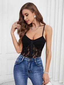 SHEIN Privé Móc và mắt Chèn Lace Áo liền quần chặt ôm sát ngực - màu đen - Xem 1