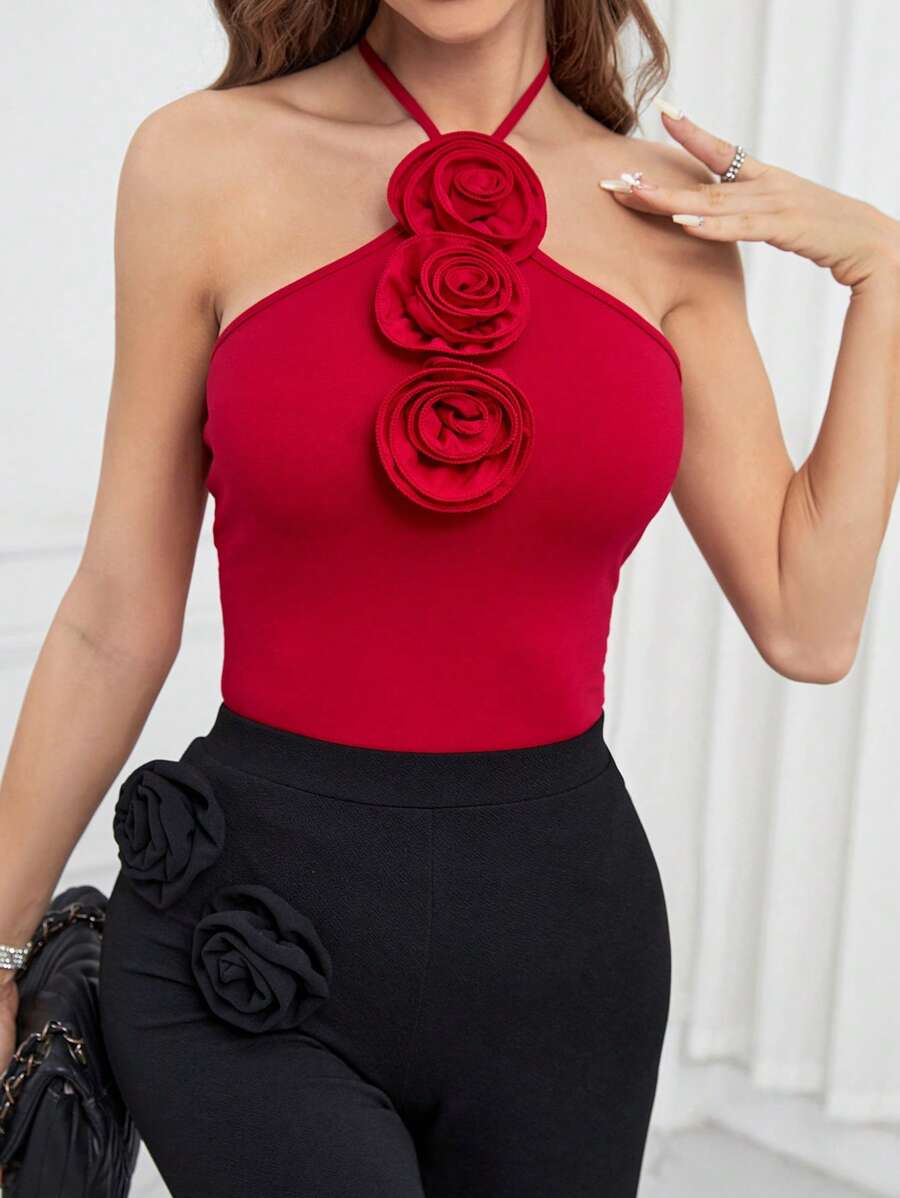 Firerie 立體花卉掛脖上衣 - 紅色 - 查看 1