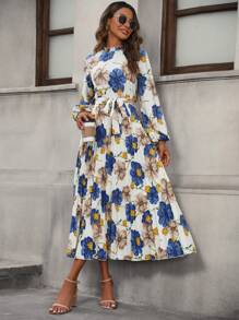 SHEIN Privé 印花繫腰帶連衣裙