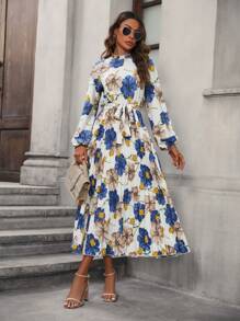 SHEIN Privé 印花繫腰帶連衣裙