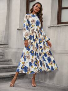 SHEIN Privé 印花繫腰帶連衣裙