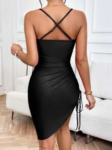 SHEIN Privé Draped Collar Drawstring Side Crisscross Backless Cami Dress - Black - View 2