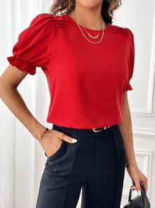 SHEIN Essnce Solid Puff Sleeve Ruched Detail Blouse,Short Sleeve Tops - Red - View 3