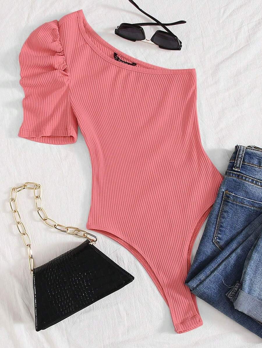 SHEIN Privé One Shoulder Puff Sleeve Rib-knit Bodysuit