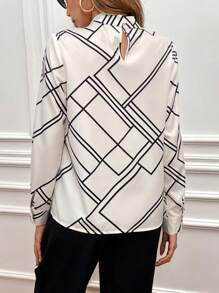 SHEIN Clasi Geometric Printed Long Sleeve Casual Work Shirt,Long Sleeve Tops Fall Cloth For Women