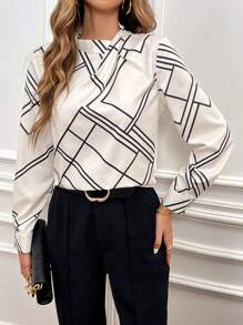 SHEIN Clasi Geometric Printed Long Sleeve Casual Work Shirt,Long Sleeve Tops Fall Cloth For Women