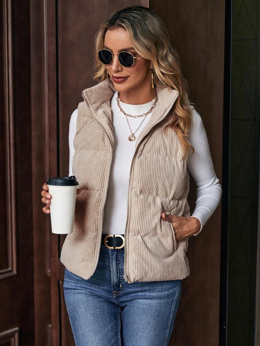 SHEIN LUNE Zip Up Hooded Vest Padded Coat In Fall/Winter - Apricot - View 1