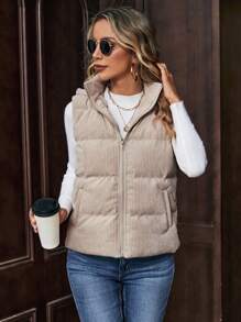 SHEIN LUNE Zip Up Hooded Vest Padded Coat In Fall/Winter - Apricot - View 5