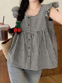 雙色格子荷葉邊前紐扣娃娃襯衫 - 黑色 - 查看 3