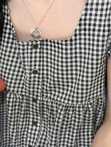 雙色格子荷葉邊前紐扣娃娃襯衫 - 黑色 - 查看 4