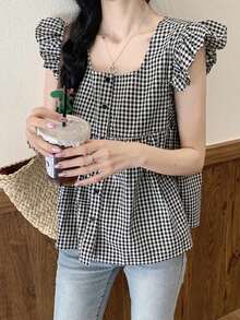 雙色格子荷葉邊前紐扣娃娃襯衫 - 黑色 - 查看 5