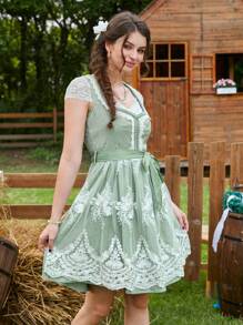 SHEIN Frenchy 印花繫腰帶連衣裙 - 綠色 - 查看 4