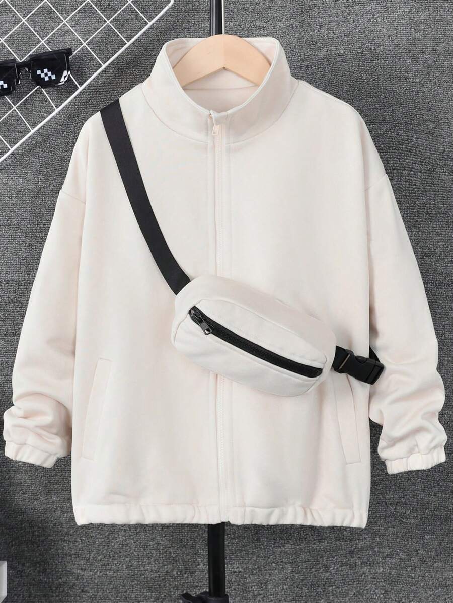 SHEIN 男大童拉鏈開襟夾克&包 - 米色 - 查看 1