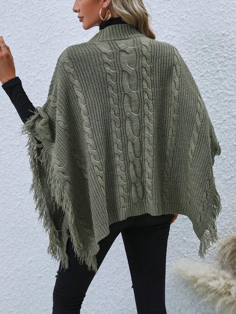 Fringe Trim Batwing Sleeve Cable Knit Poncho Knit Pullover Sweater Fall Winter