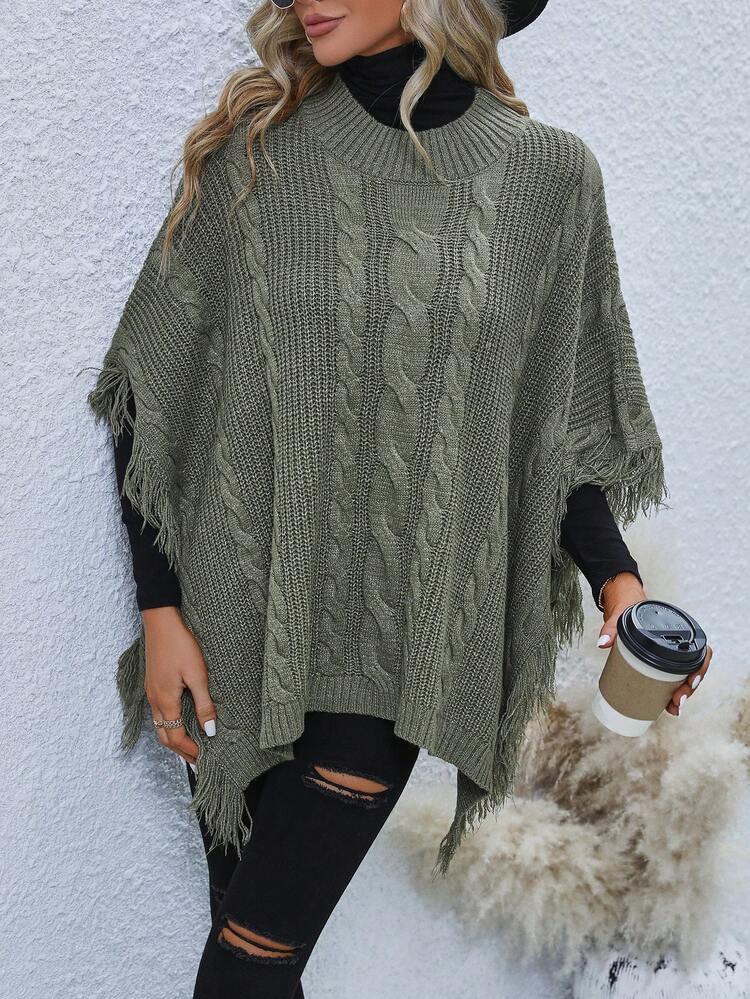 Fringe Trim Batwing Sleeve Cable Knit Poncho Knit Pullover Sweater Fall Winter