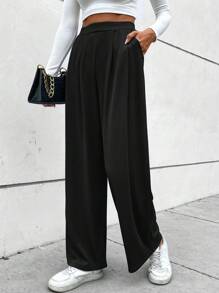 SHEIN LUNE 素色斜口袋長褲 - 黑色 - 查看 1