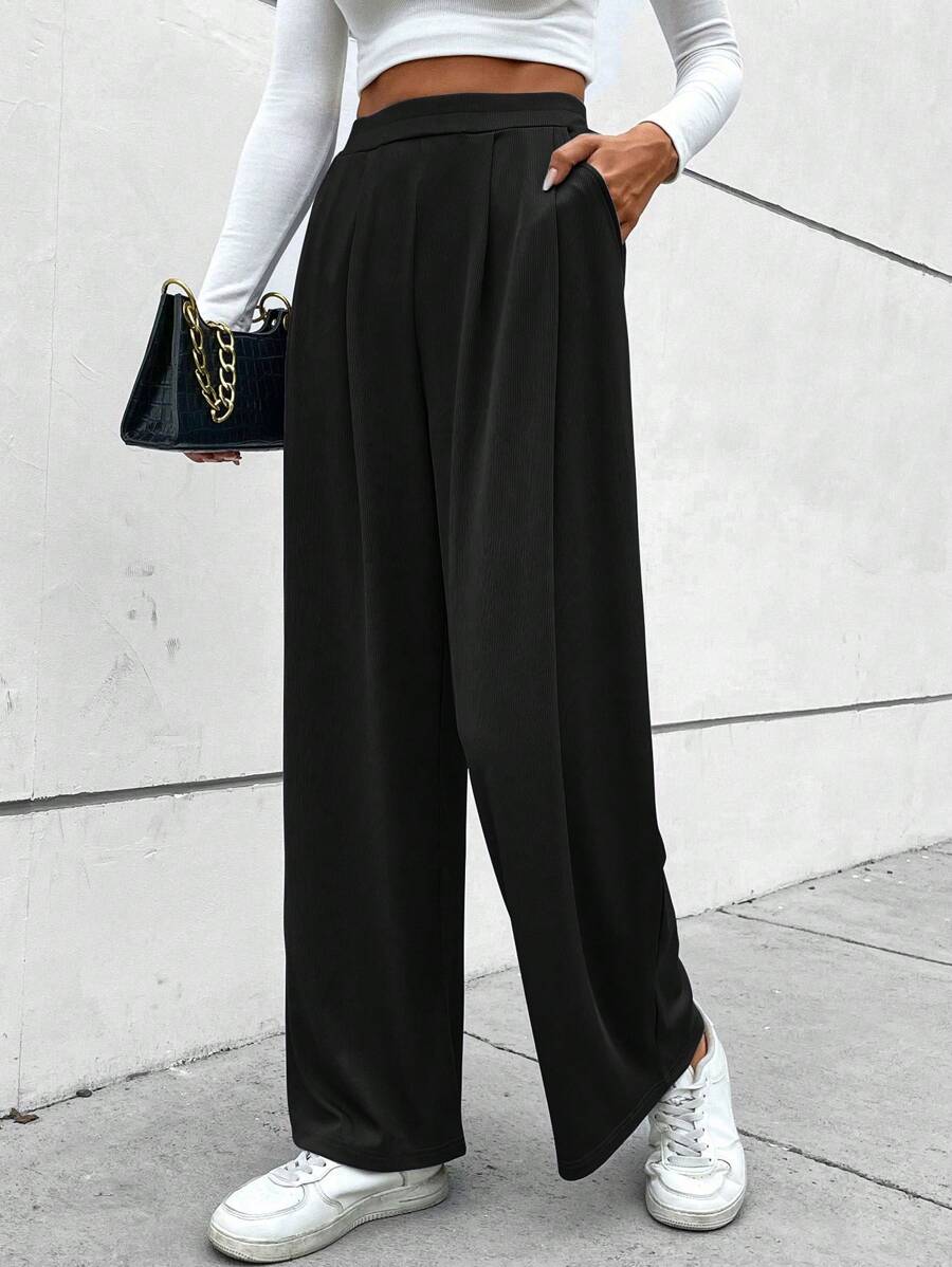 SHEIN LUNE 素色斜口袋長褲 - 黑色 - 查看 1