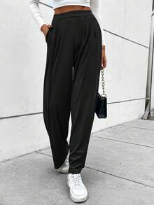 SHEIN LUNE 素色斜口袋長褲 - 黑色 - 查看 3