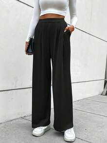 SHEIN LUNE 素色斜口袋長褲 - 黑色 - 查看 4