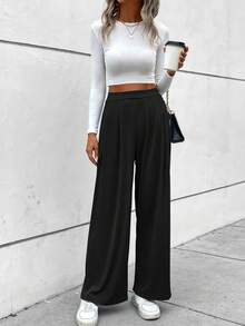 SHEIN LUNE 素色斜口袋長褲 - 黑色 - 查看 5