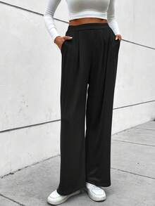 SHEIN LUNE 素色斜口袋長褲 - 黑色 - 查看 6