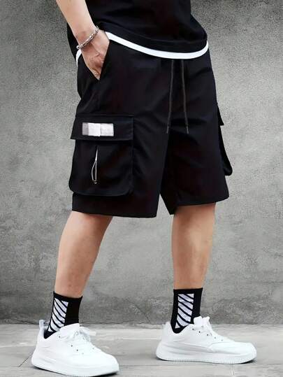 Claim Dot Men's Loose Fit Cargo Shorts With Letter Patched Flap Pockets And Drawstring Waist Going Out Street Wear Baggy Drawstring Cargo Shorts, For Husband, Boyfriend Gifts