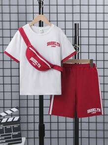 SHEIN Cậu bé Tween Đồ họa Chữ cái Viền tương phản Áo thun & quần đùi & Cái túi - Đỏ - Xem 1