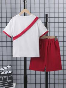 SHEIN Cậu bé Tween Đồ họa Chữ cái Viền tương phản Áo thun & quần đùi & Cái túi - Đỏ - Xem 2