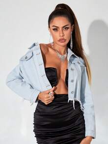 SHEIN BAE Contrast Sequin Raw Hem Denim Jacket - Light Wash - View 2