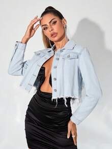 SHEIN BAE Contrast Sequin Raw Hem Denim Jacket - Light Wash - View 4