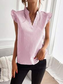 SHEIN LUNE 條紋印花缺口領荷葉邊襯衫 - 粉色 - 查看 3