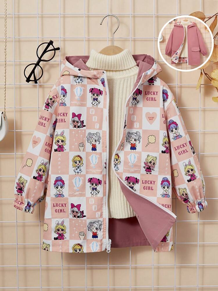 Young Girl Cartoon Graphic Two Ways Hooded Coat