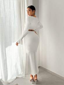 SHEIN SXY Chất rắn Áo phông Crop & Váy nàng tiên cá - trắng - Xem 2