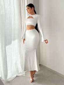 SHEIN SXY Chất rắn Áo phông Crop & Váy nàng tiên cá - trắng - Xem 5