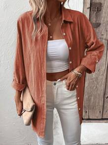 SHEIN LUNE Solid Button Front Drop Shoulder Shirt - Orange - View 1