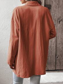 SHEIN LUNE Solid Button Front Drop Shoulder Shirt - Orange - View 2