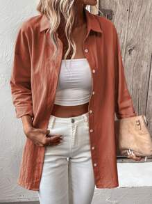 SHEIN LUNE Solid Button Front Drop Shoulder Shirt - Orange - View 3