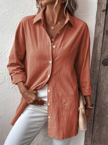 SHEIN LUNE Solid Button Front Drop Shoulder Shirt - Orange - View 4