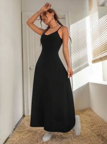 SHEIN PETITE Vestido de tirantes unicolor - Negro - Ver 3