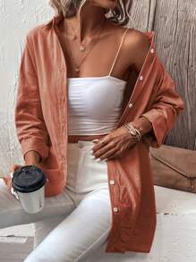 SHEIN LUNE Solid Button Front Drop Shoulder Shirt - Orange - View 5