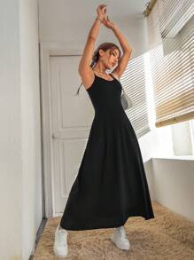 SHEIN PETITE Vestido de tirantes unicolor - Negro - Ver 4