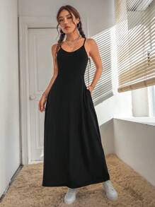 SHEIN PETITE Vestido de tirantes unicolor - Negro - Ver 6