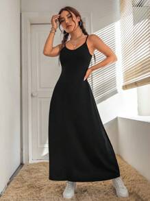 SHEIN PETITE Vestido de tirantes unicolor - Negro - Ver 7