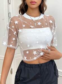 SHEIN EZwear Summer  Outfits Star Print Drop Shoulder Crop Mesh Top Without Camisole - White - View 1