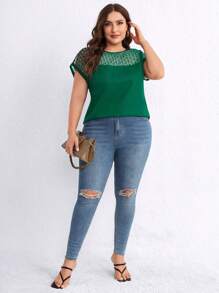 SHEIN Clasi Plus Contrast Mesh Batwing Sleeve Blouse