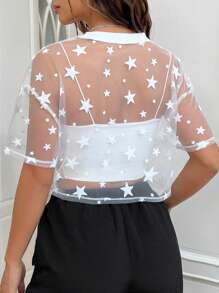 SHEIN EZwear Summer  Outfits Star Print Drop Shoulder Crop Mesh Top Without Camisole - White - View 2
