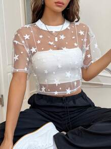 SHEIN EZwear Summer  Outfits Star Print Drop Shoulder Crop Mesh Top Without Camisole - White - View 4