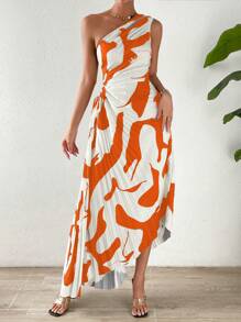 Chiquease Spring Break One Shoulder Cut Out Waist Pleated Asymmetrical Hem Prom Dress - Orange - View 1