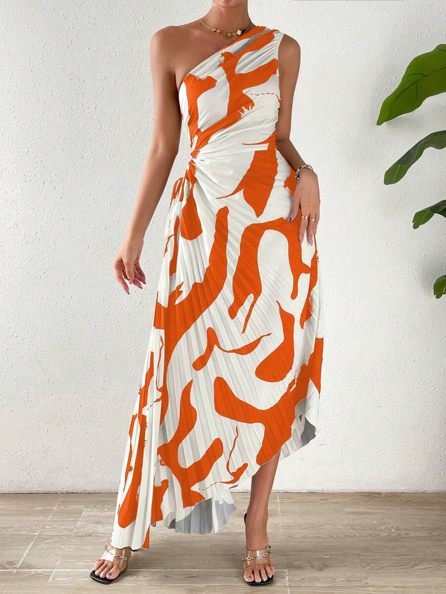 Chiquease Spring Break One Shoulder Cut Out Waist Pleated Asymmetrical Hem Prom Dress - Orange - View 1