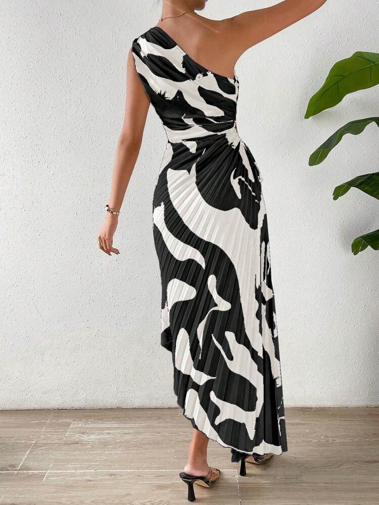 Spring Break One Shoulder Cut Out Waist Pleated Asymmetrical Hem Prom Dress Maxi Women Outfit